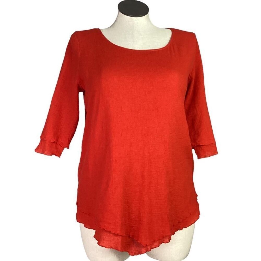 Soft Surroundings Top Women L Red Siesta Key Gauze Half Sleeve Layered Blouse